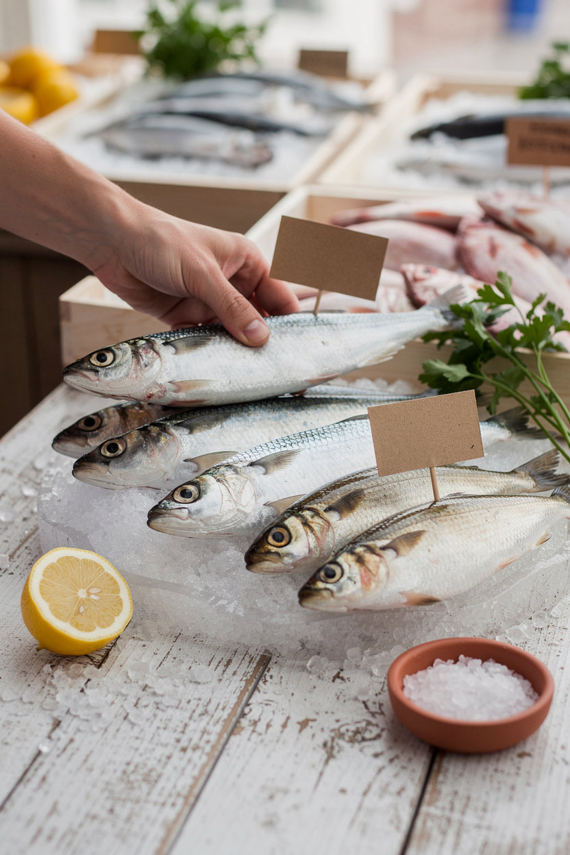 Mike's Sardines fresh varieties - Pacific and European sardines displayed at San Diego seafood market