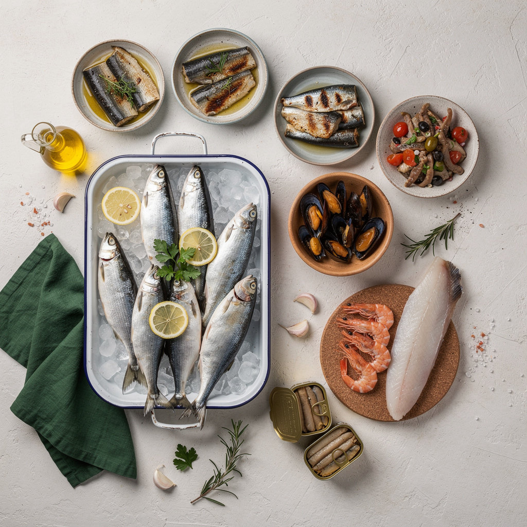 Mike's Sardines fresh seafood variety - specialty sardines and local catch displayed